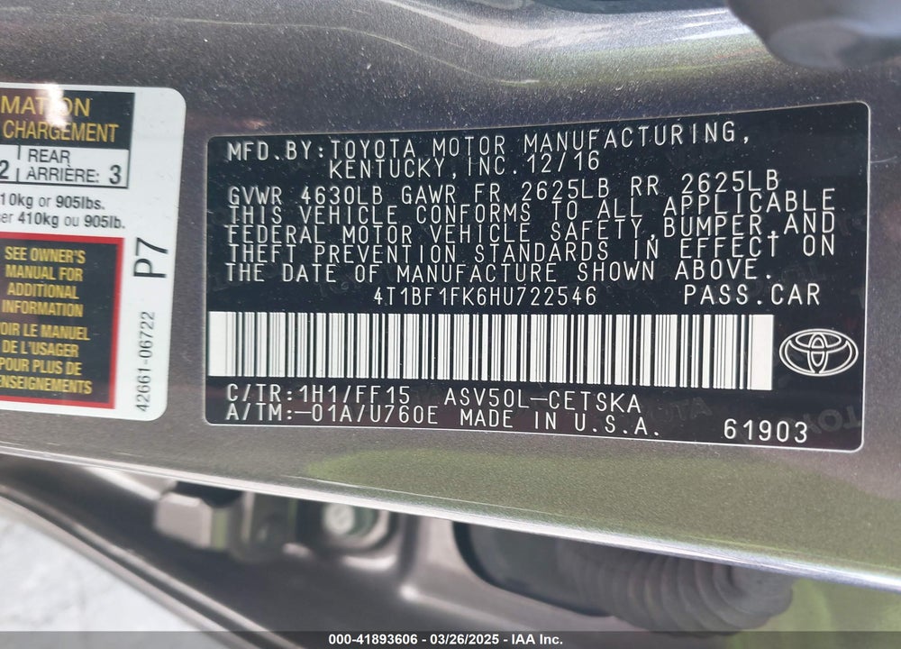 2017 TOYOTA CAMRY VIN: 4T1BF1FK6HU722546