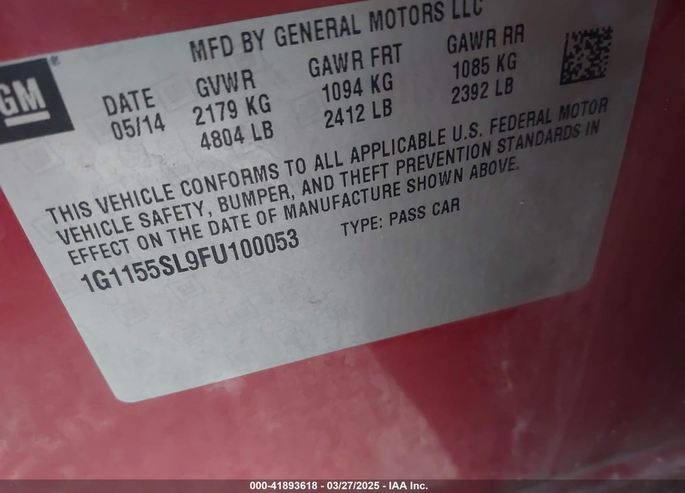 2015 CHEVROLET IMPALA 1LZ VIN: 1G1155SL9FU100053