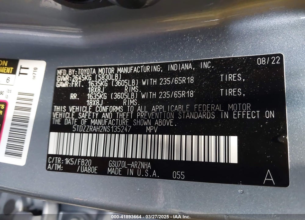 2022 TOYOTA HIGHLANDER LE VIN: 5TDZZRAH2NS135247