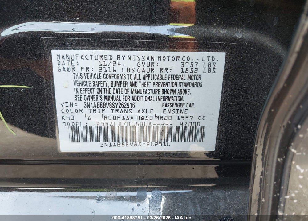 2025 NISSAN SENTRA S VIN: 3N1AB8BV8SY262916