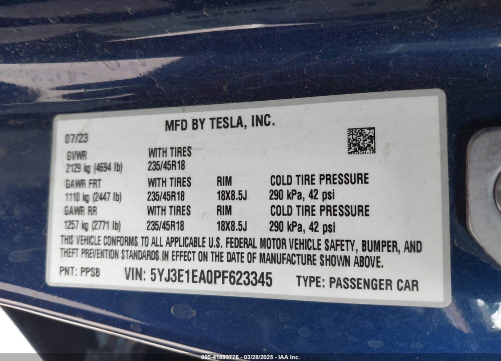 2023 TESLA MODEL 3 VIN: 5YJ3E1EA0PF623345