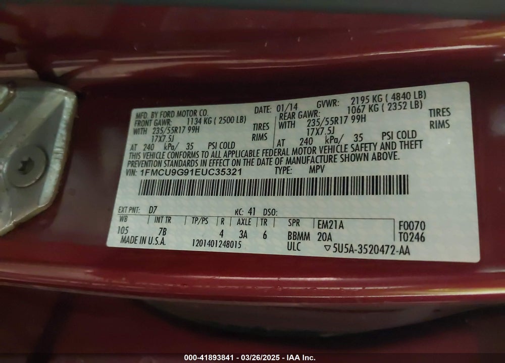 2014 FORD ESCAPE SE VIN: 1FMCU9G91EUC35321