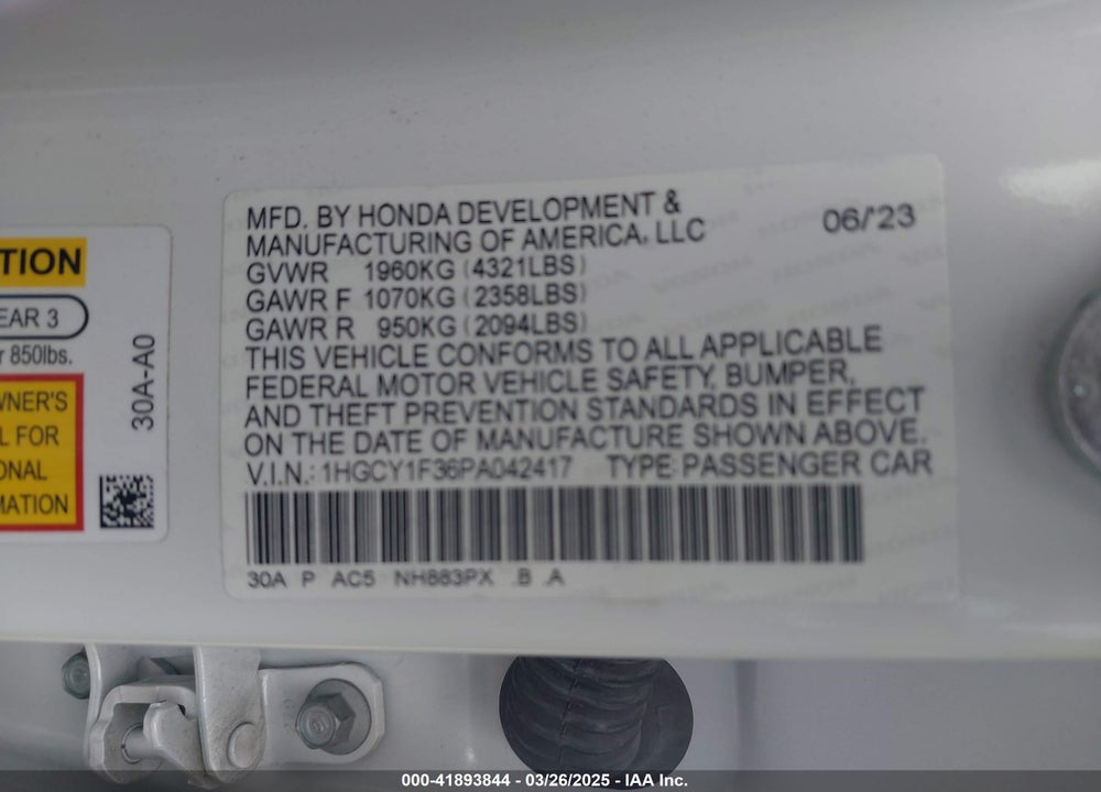 2023 HONDA ACCORD VIN: 1HGCY1F36PA042417