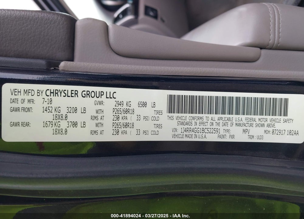 2011 JEEP GRAND CHEROKEE VIN: 1J4RR4GG1BC522591