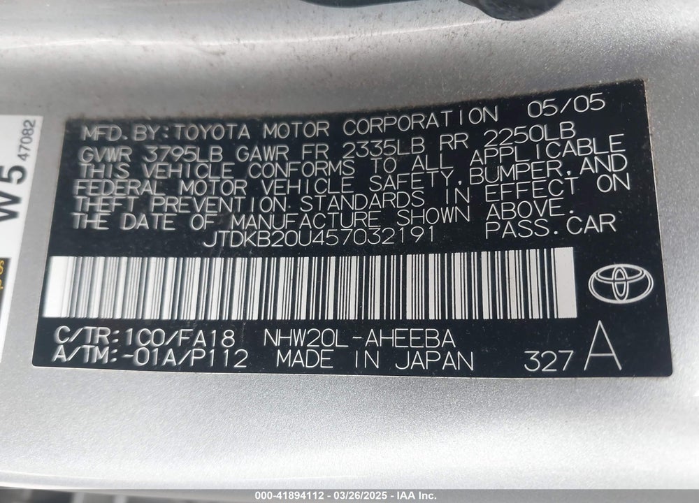 2005 TOYOTA PRIUS VIN: JTDKB20U457032191
