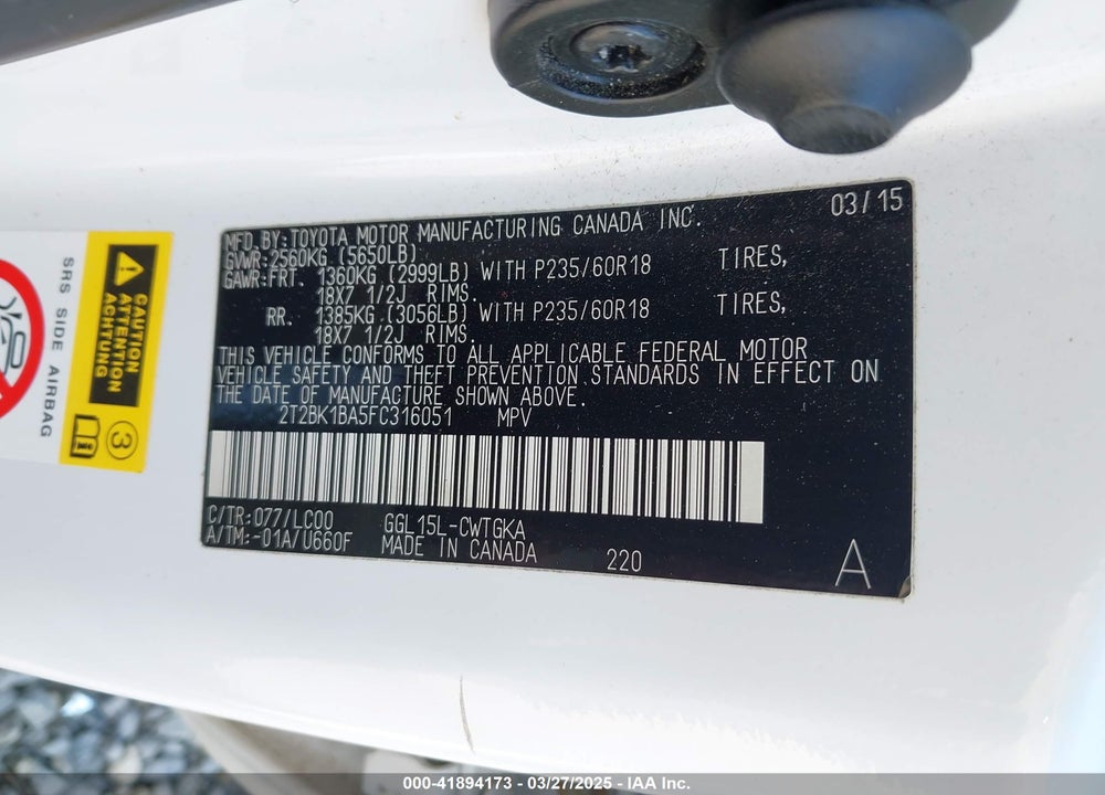 2015 LEXUS RX VIN: 2T2BK1BA5FC316051