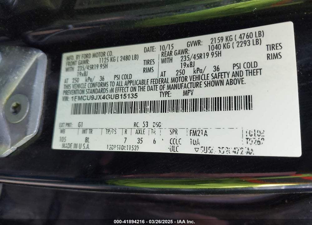 2016 FORD ESCAPE VIN: 1FMCU9JX4GUB15135