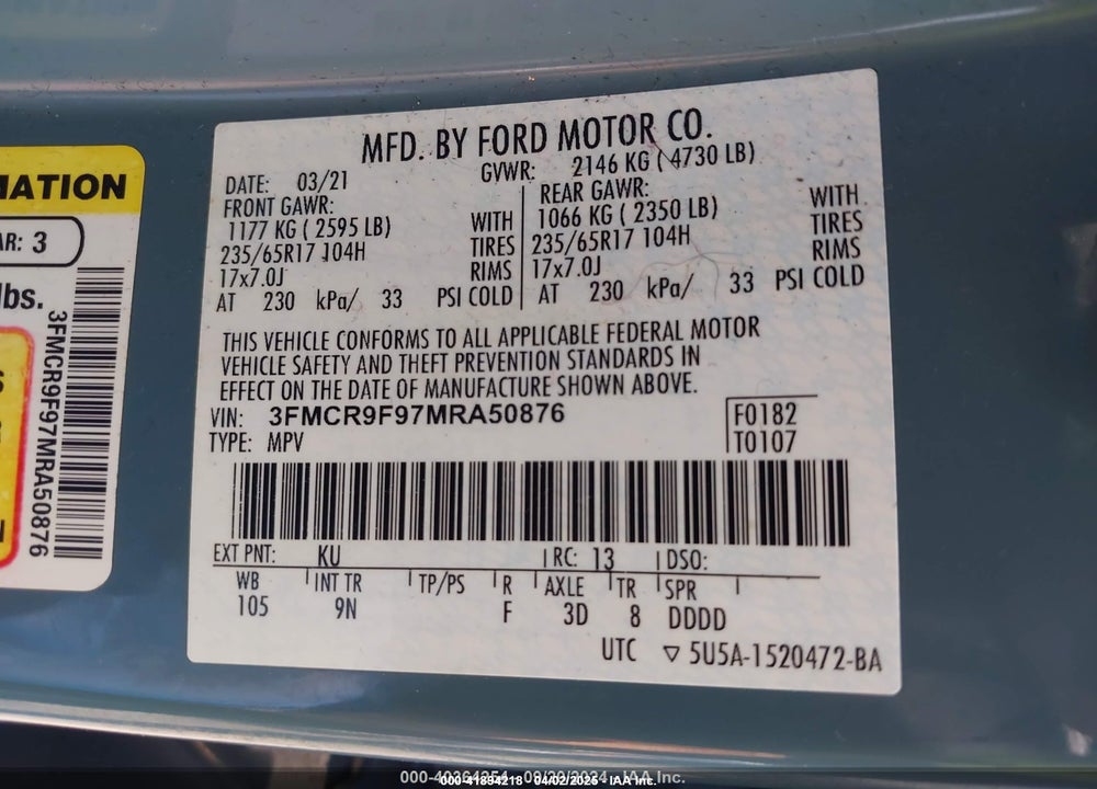 2021 FORD BRONCO SPORT VIN: 3FMCR9F97MRA50876