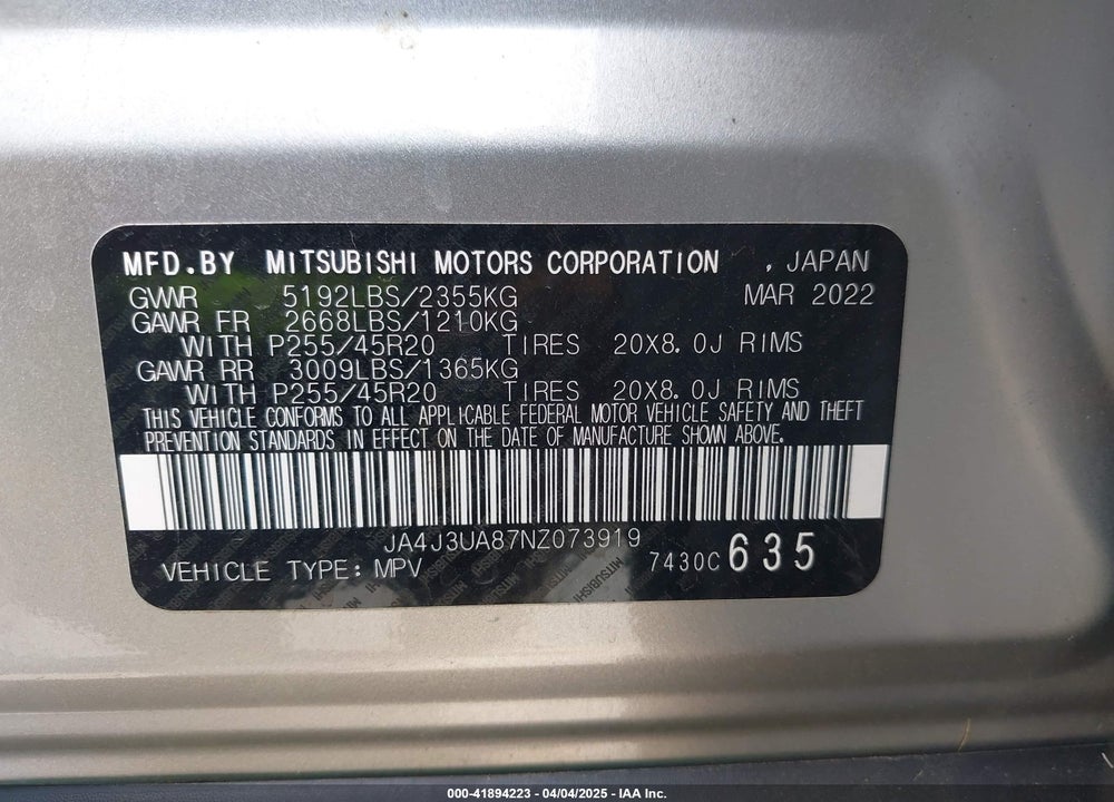 2022 MITSUBISHI OUTLANDER BLACK EDITION 2WD/SE 2.5 2WD/SE LAUNCH EDITION 2WD VIN: JA4J3UA87NZ073919