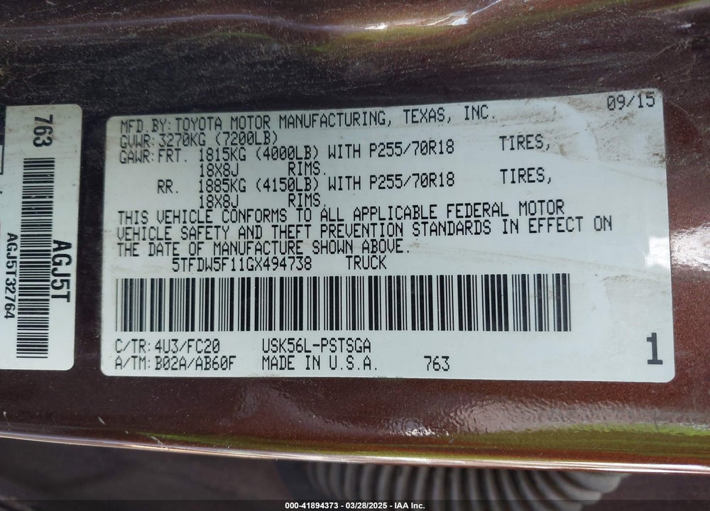 2016 TOYOTA TUNDRA VIN: 5TFDW5F11GX494738