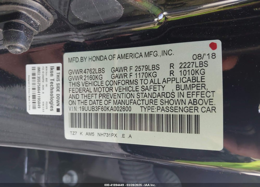 2019 ACURA TLX VIN: 19UUB3F60KA002600