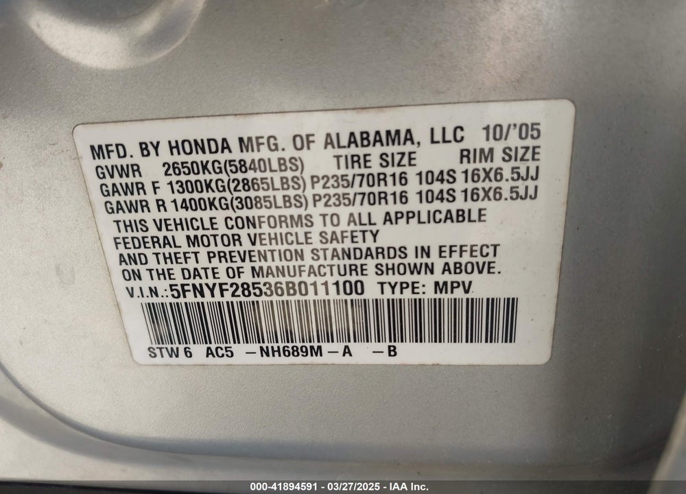 2006 HONDA PILOT EX-L VIN: 5FNYF28536B011100
