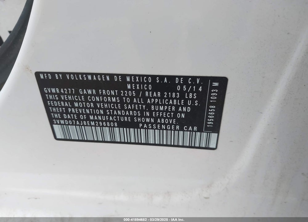 2014 VOLKSWAGEN JETTA VIN: 3VWD07AJ8EM296808