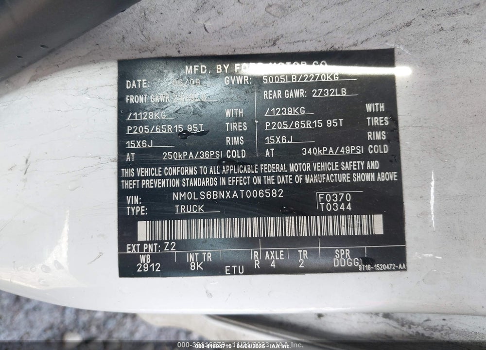 2010 FORD TRANSIT CONNECT VIN: NM0LS6BNXAT006582