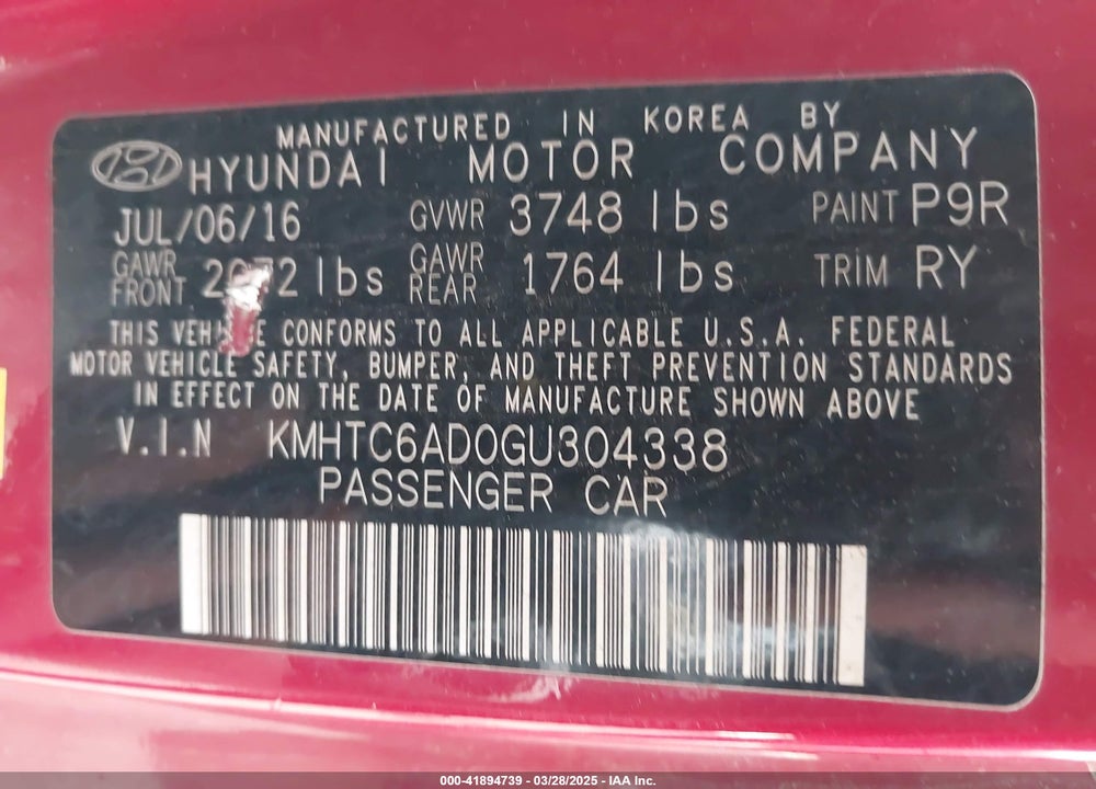 2016 HYUNDAI VELOSTER VIN: KMHTC6AD0GU304338