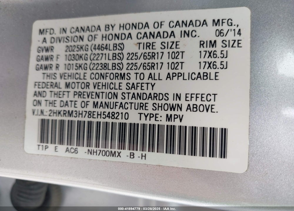 2014 HONDA CR-V EX-L VIN: 2HKRM3H78EH548210