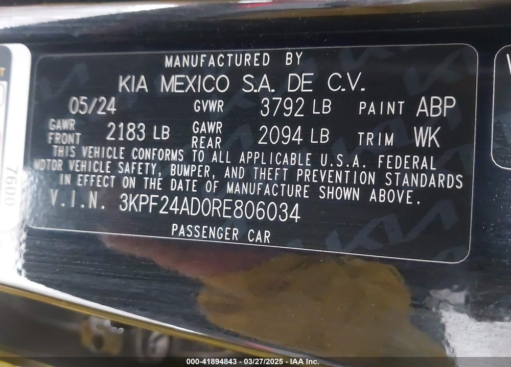2024 KIA FORTE VIN: 3KPF24AD0RE806034