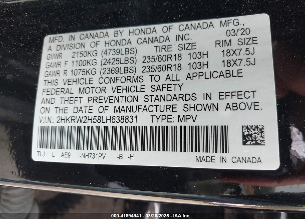 2020 HONDA CR-V VIN: 2HKRW2H58LH638831