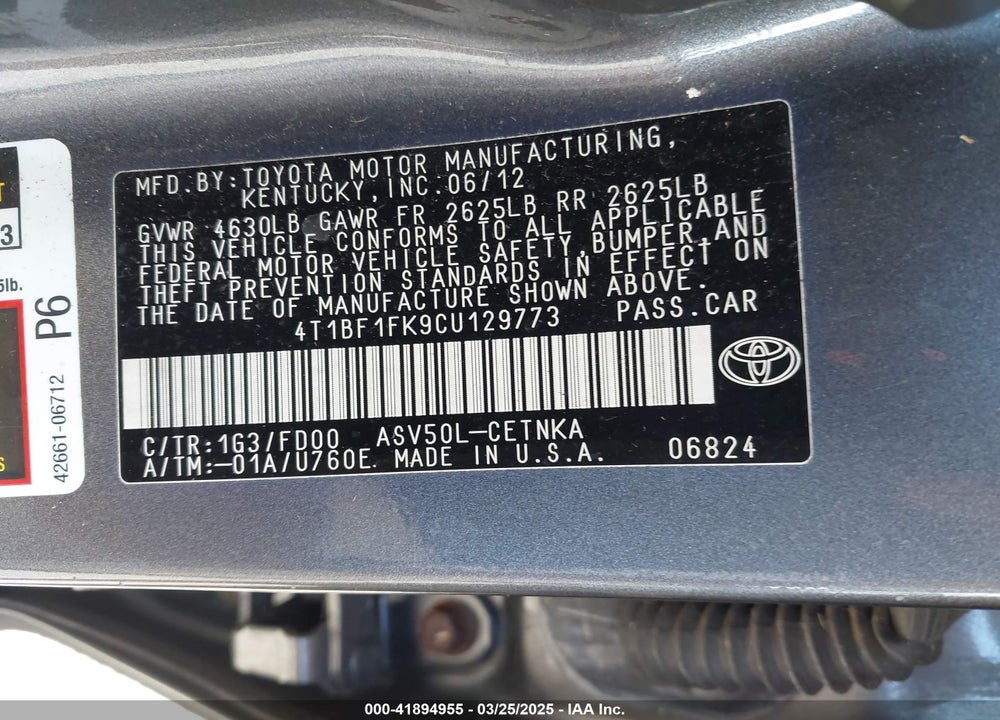 2012 TOYOTA CAMRY LE VIN: 4T1BF1FK9CU129773