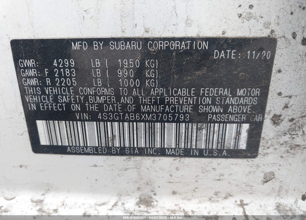 2021 SUBARU IMPREZA VIN: 4S3GTAB6XM3705793