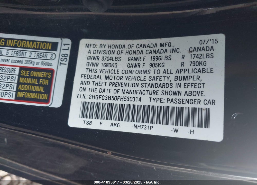 2015 HONDA CIVIC VIN: 2HGFG3B50FH530314