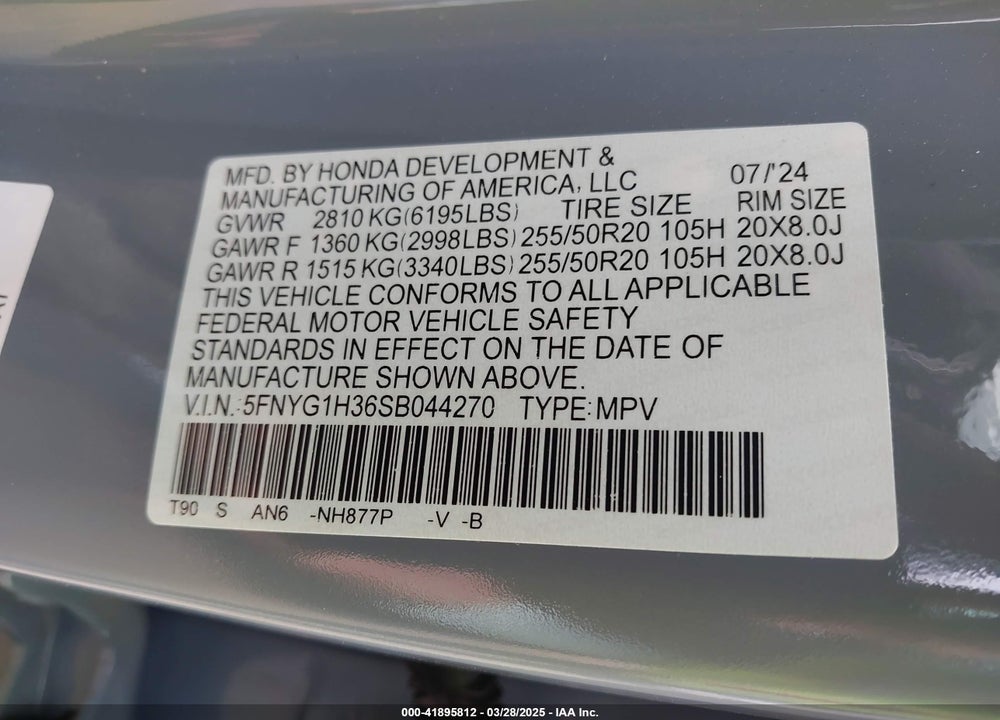 2025 HONDA PILOT SPORT VIN: 5FNYG1H36SB044270