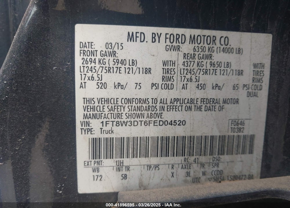 2015 FORD F-350 LARIAT VIN: 1FT8W3DT6FED04520