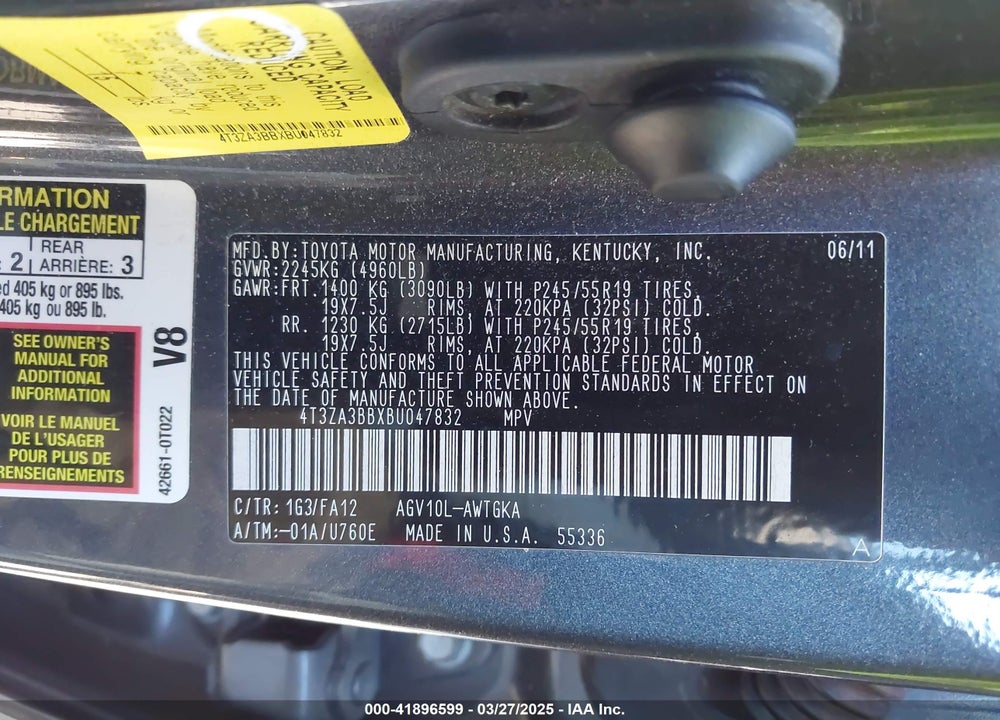 2011 TOYOTA VENZA VIN: 4T3ZA3BBXBU047832