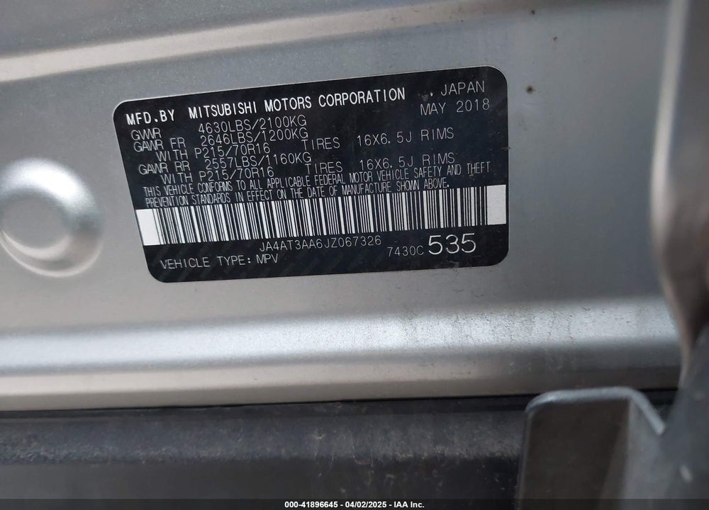 2018 MITSUBISHI ECLIPSE CROSS ES VIN: JA4AT3AA6JZ067326