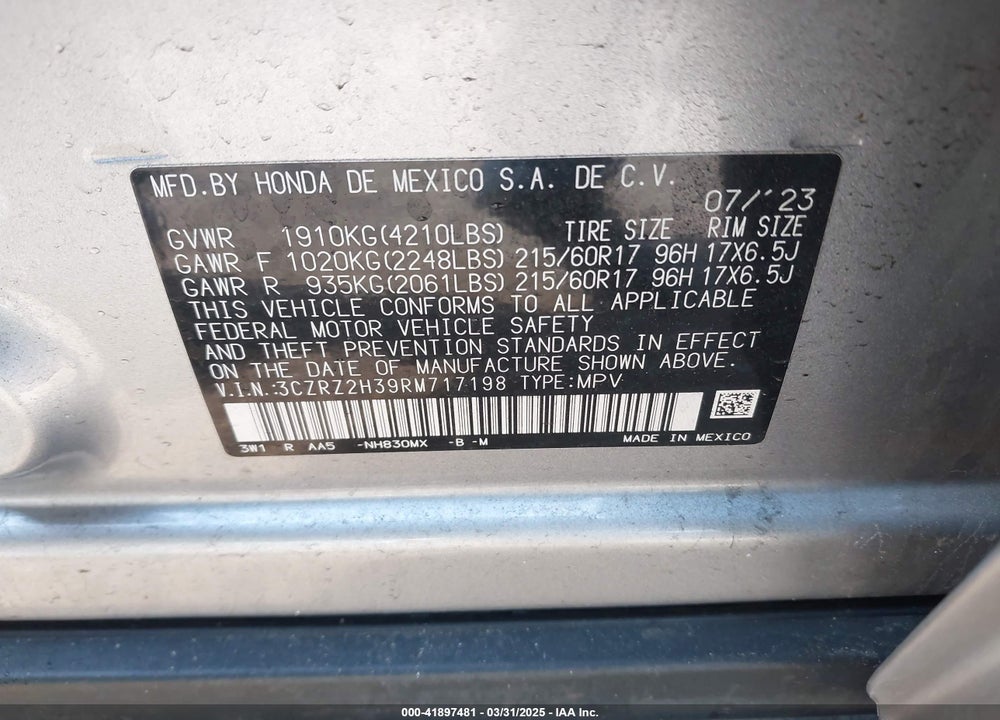 2024 HONDA HR-V VIN: 3CZRZ2H39RM717198