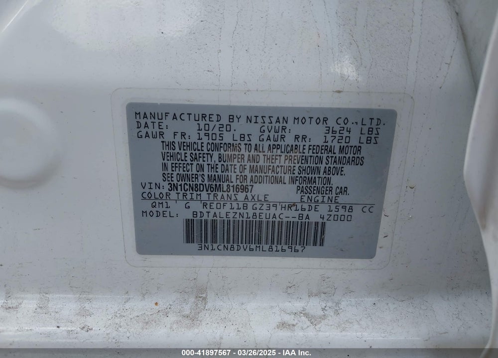 2021 NISSAN VERSA VIN: 3N1CN8DV6ML816967