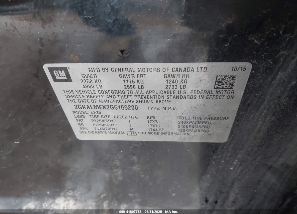 2016 GMC TERRAIN VIN: 2GKALMEK2G6169200