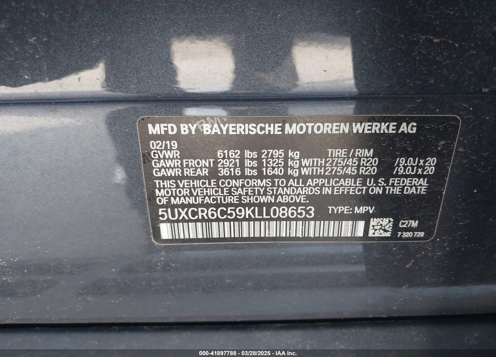 2019 BMW X5 XDRIVE40I VIN: 5UXCR6C59KLL08653