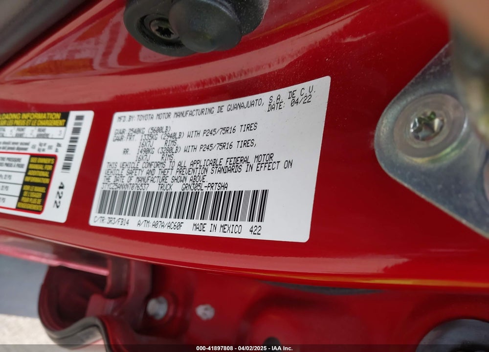 2022 TOYOTA TACOMA VIN: 3TYCZ5ANXNT076537