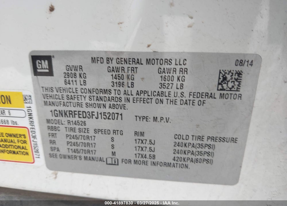 2015 CHEVROLET TRAVERSE VIN: 1GNKRFED3FJ152071
