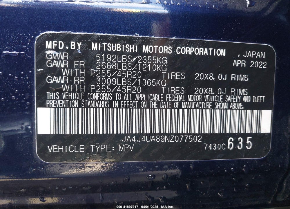 2022 MITSUBISHI OUTLANDER VIN: JA4J4UA89NZ077502