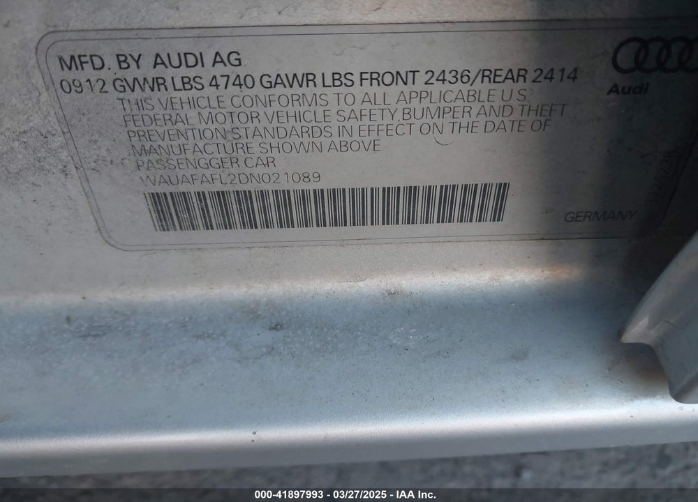 2013 AUDI A4 VIN: WAUAFAFL2DN021089