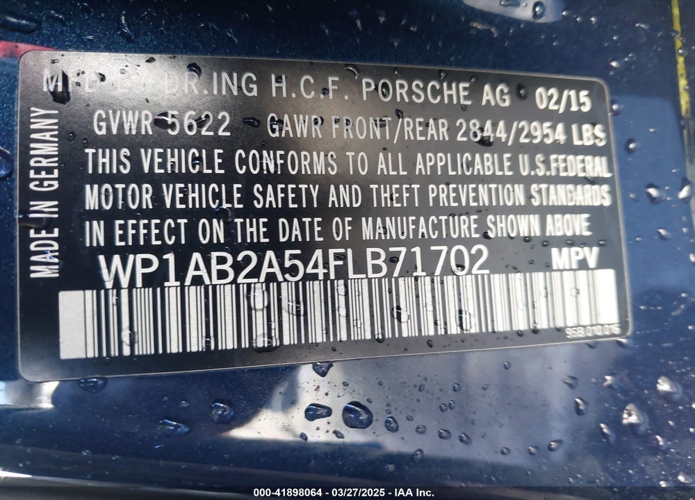 2015 PORSCHE MACAN S VIN: WP1AB2A54FLB71702