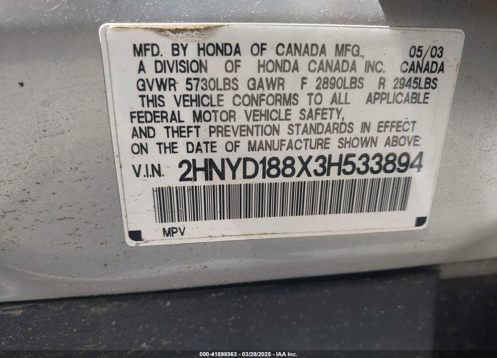 2003 ACURA MDX VIN: 2HNYD188X3H533894