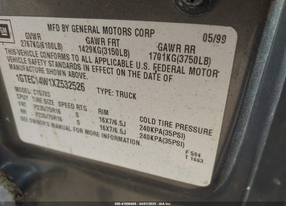 1999 GMC SIERRA 1500 SL VIN: 1GTEC14W1XZ532526