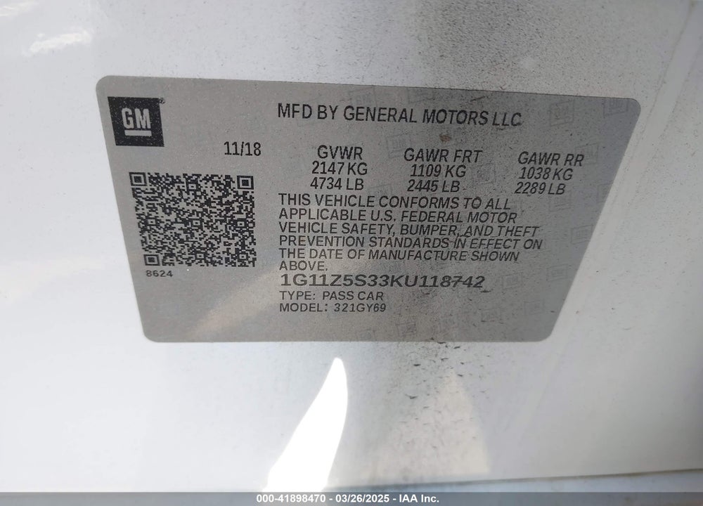 2019 CHEVROLET IMPALA VIN: 1G11Z5S33KU118742