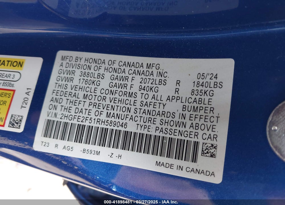 2024 HONDA CIVIC SPORT VIN: 2HGFE2F51RH589046