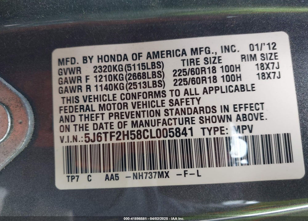 2012 HONDA CROSSTOUR VIN: 5J6TF2H58CL005841