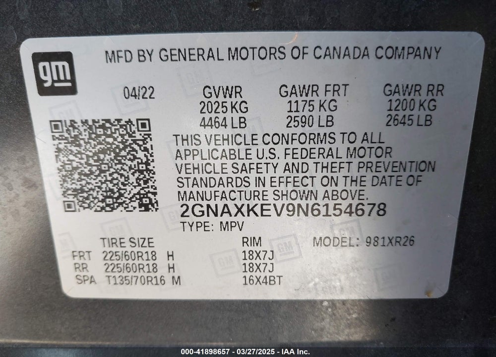 2022 CHEVROLET EQUINOX VIN: 2GNAXKEV9N6154678