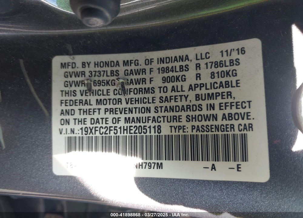 2017 HONDA CIVIC VIN: 19XFC2F51HE205118