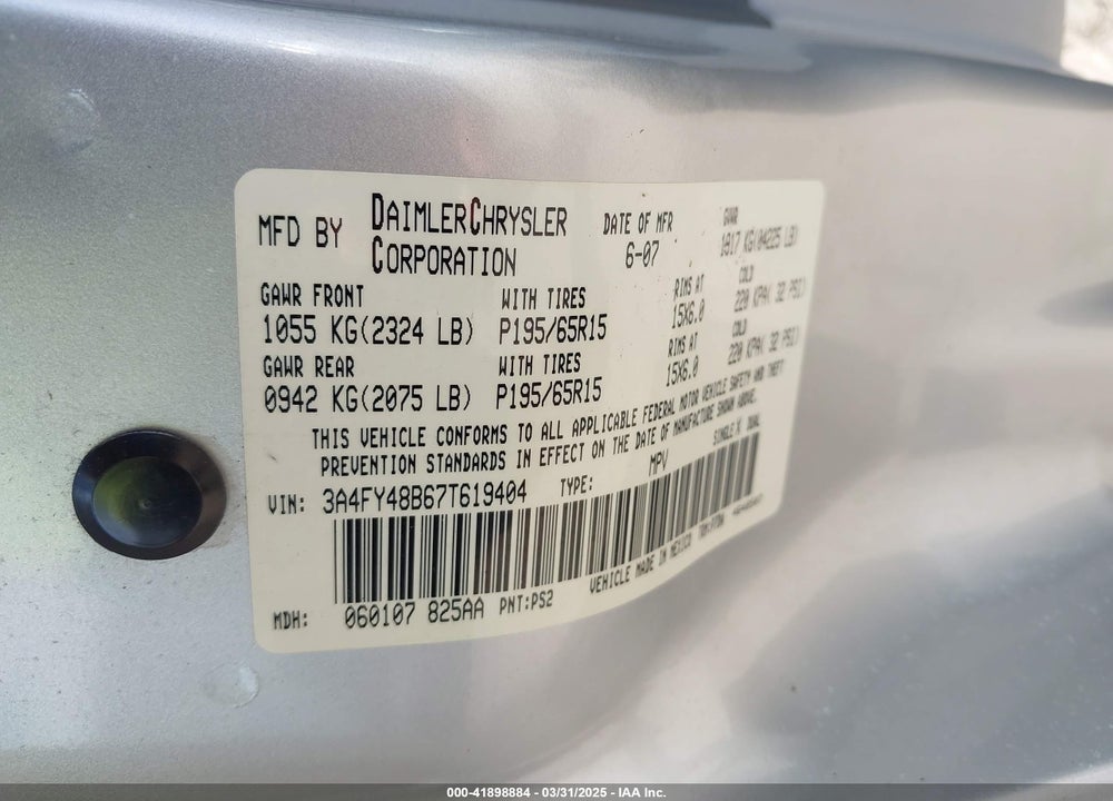 2007 CHRYSLER PT CRUISER VIN: 3A4FY48B67T619404