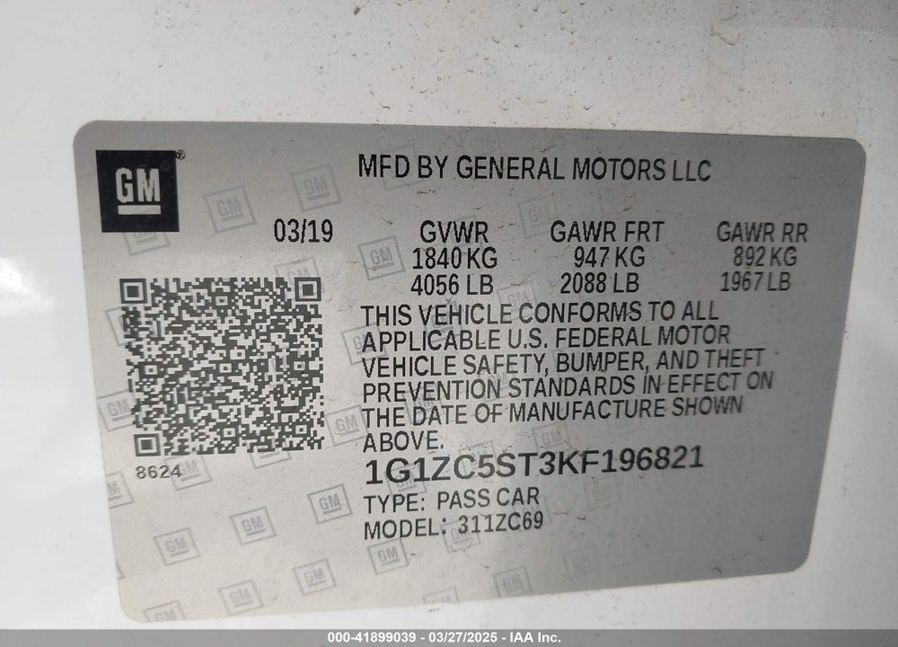 2019 CHEVROLET MALIBU 1FL VIN: 1G1ZC5ST3KF196821
