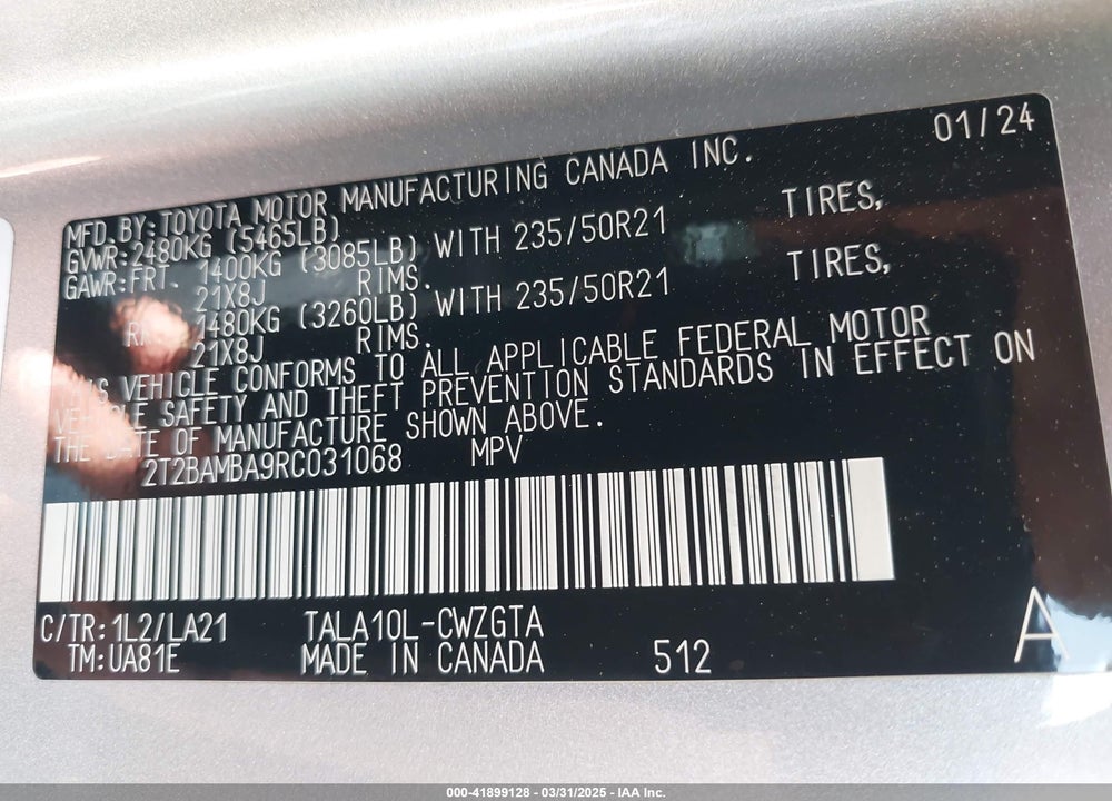 2024 LEXUS RX 350 VIN: 2T2BAMBA9RC031068