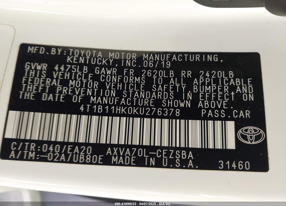 2019 TOYOTA CAMRY SE VIN: 4T1B11HK0KU276378
