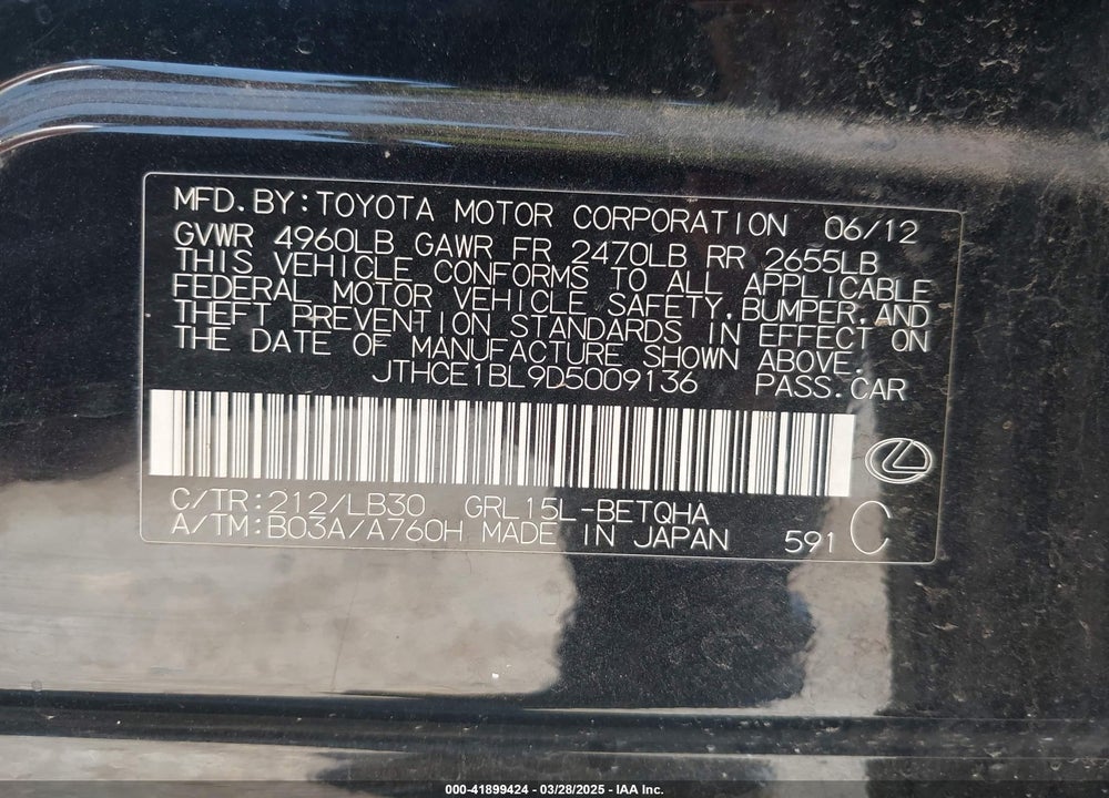 2013 LEXUS GS VIN: JTHCE1BL9D5009136